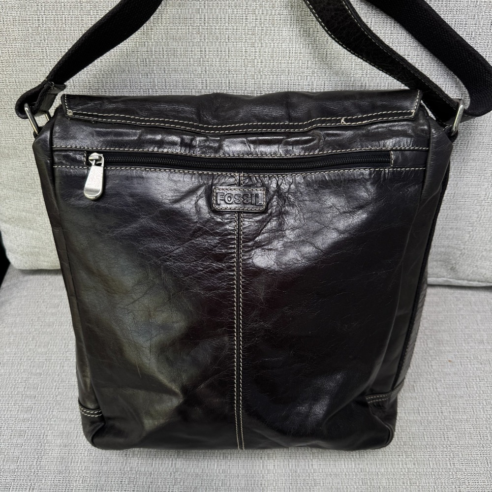 Vintage Fossil Black Leather Crossbody Messenger Bag briefcase